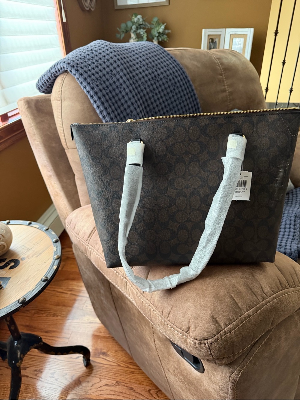 Coach Dark Brown Signature Monogram Tote with Gold Accents - Picture 2 of 3